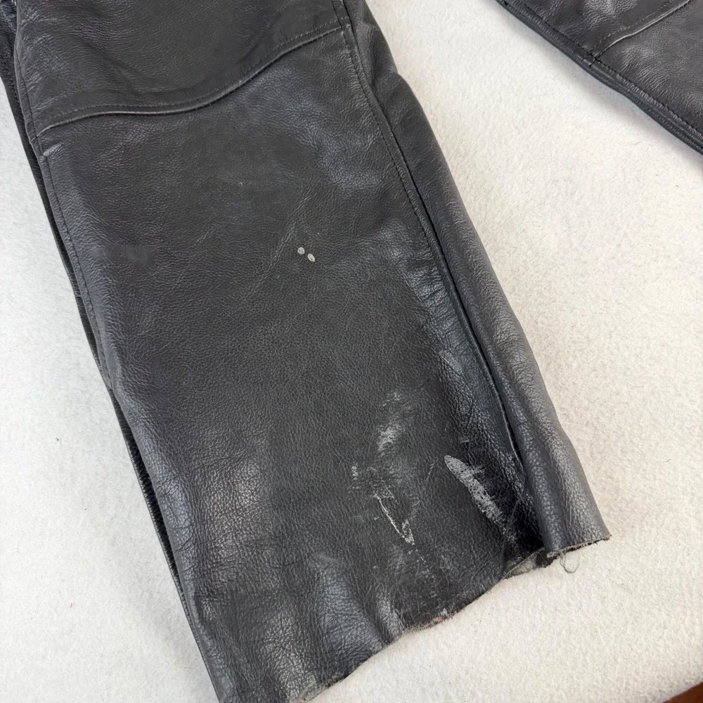 UNIK Black Leather Motorcycle Chaps Braided Trim Adjustable Waist Size L Mens